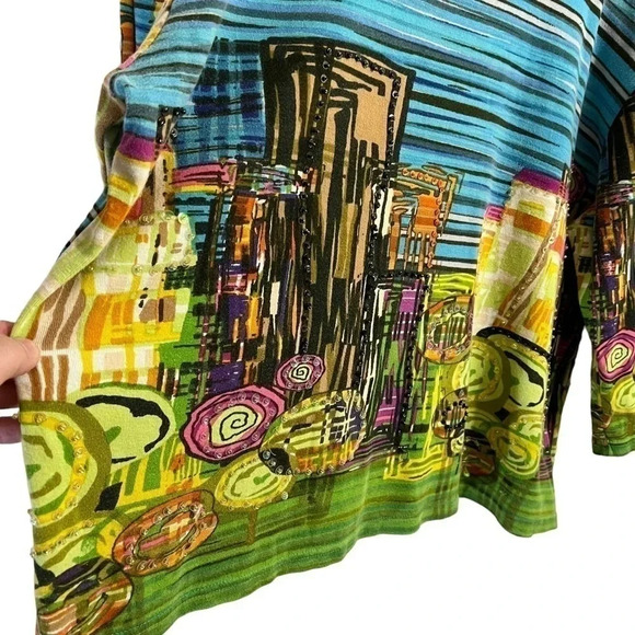 Take Two Abstract Townscape Blouse 1X Beaded Sequins Colorful Stripe 100% Cotton - Picture 4 of 9